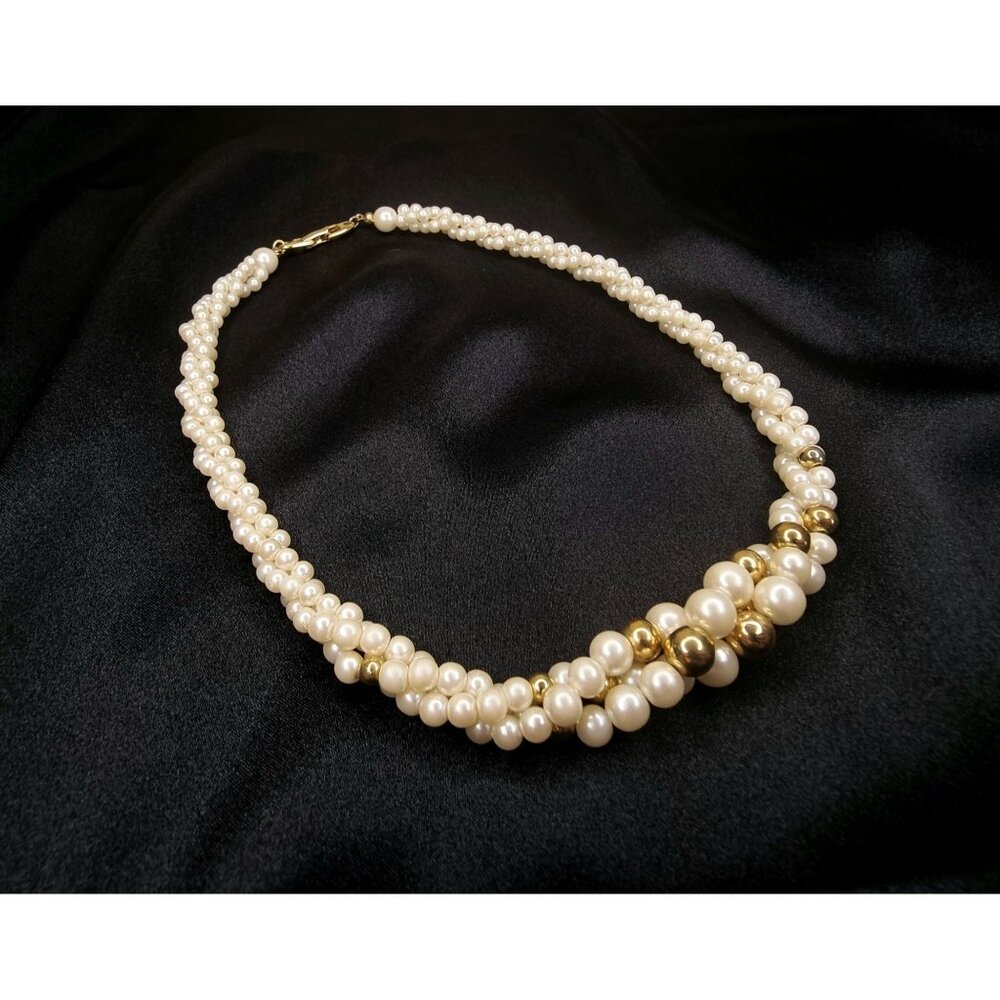 Vintage Napier Double-Strand Faux Pearl & Gold-Tone Beaded Necklace Elegant